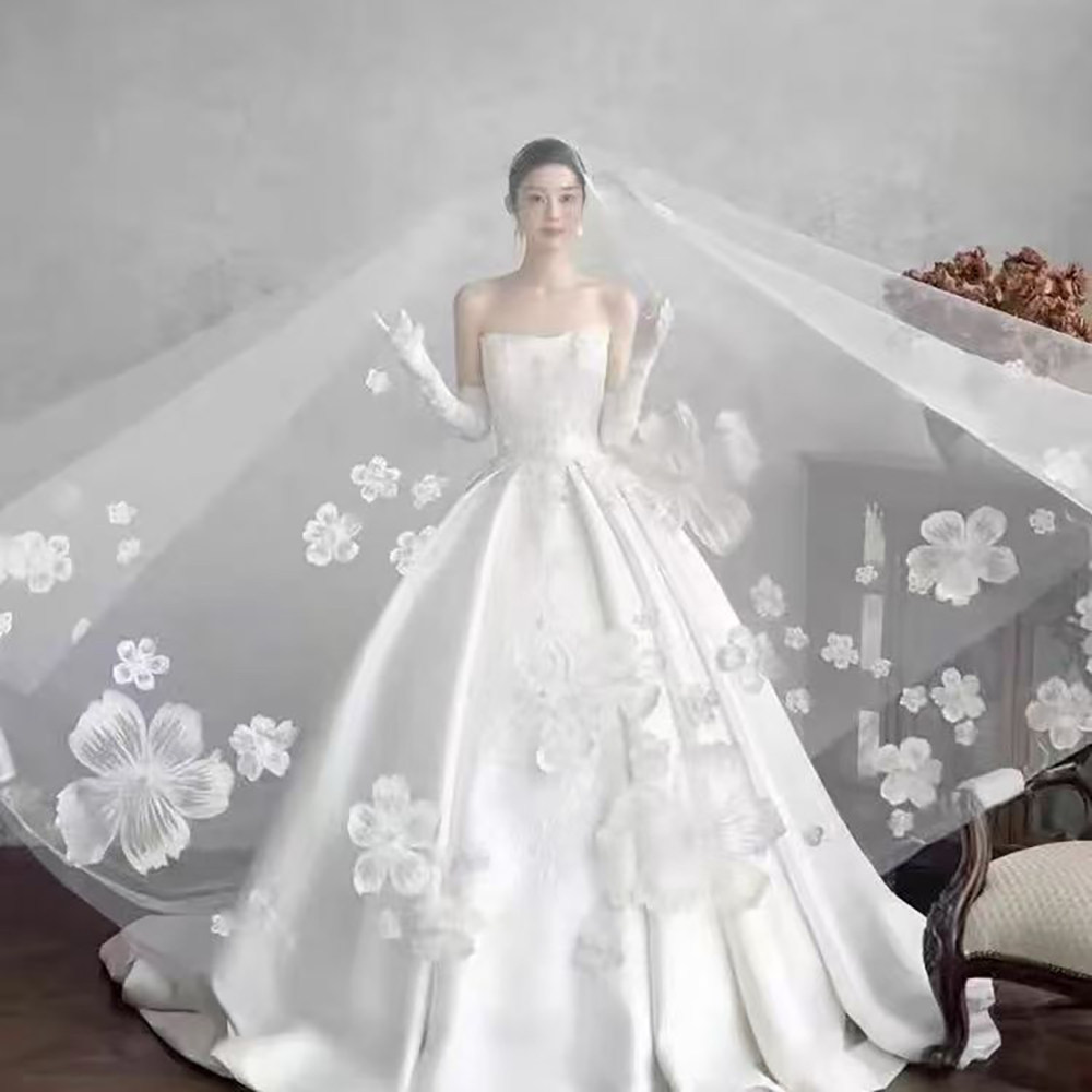 奢华重工复古蕾丝花朵主婚纱头纱新娘结婚领证超大拖尾森系长头饰