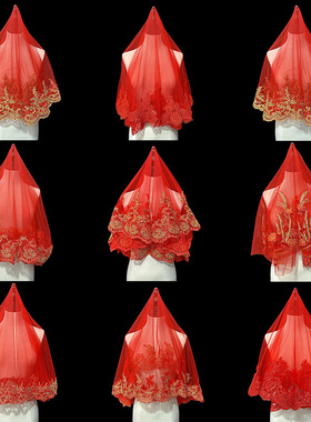 新款红色头纱新娘结婚礼服秀禾服红盖头中式复古风短款蕾丝拍照纱