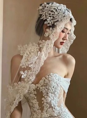 新娘主婚纱头纱长款拖尾珍珠蕾丝复古简约森系网红拍照道具头纱