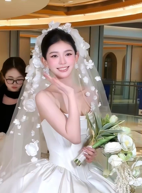2026重工花朵头纱新娘结婚主婚纱头饰甜美超仙高级感森系影楼拍照