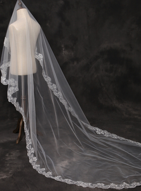 新娘新款韩式蕾丝大花边拖尾头纱超长唯美新娘结婚头纱可定制