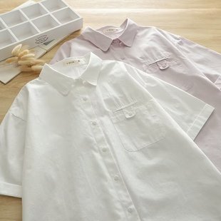 纯棉衬衣上衣 日系通勤休闲基础款 翻领白色衬衫 女夏季 宽松简约短袖