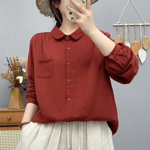 双层棉纱长袖 女外贸出口高品质柔软亲肤透气棉宽松休闲上衣 衬衫