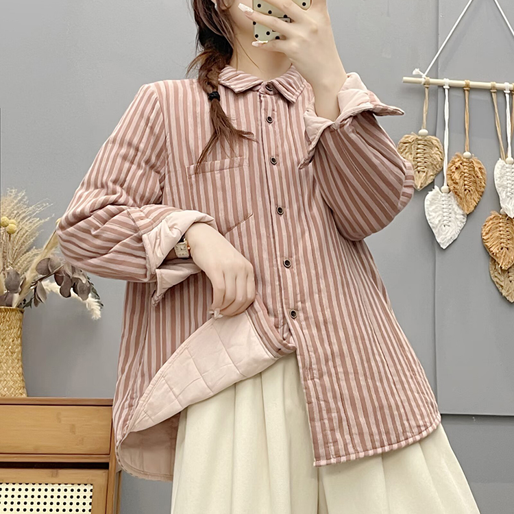 休闲长袖条纹加厚衬衫女2025秋冬新款百搭宽松保暖加棉女士上衣
