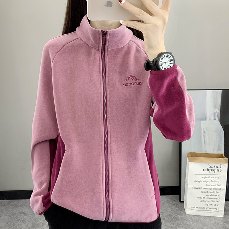 时尚拼色抓绒衣女摇粒绒加厚外套