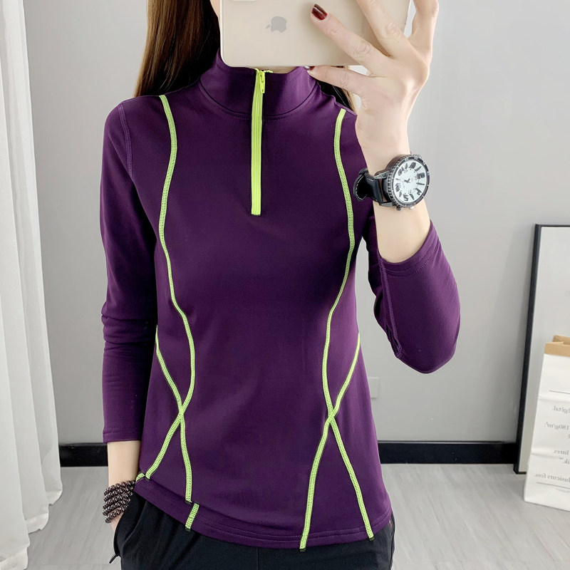 春秋速干T恤女长袖加绒保暖大码户外运动瑜伽服立领透气快干上衣