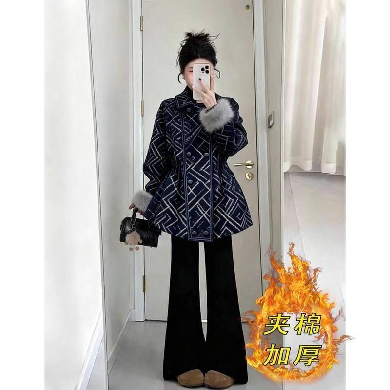 2026蓝色中长款外穿毛呢外套女显瘦收腰轻熟高级小个子毛呢大衣女