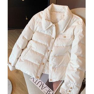 白色金扣小香风翻领棉服女2025冬季新款时尚气质保暖夹棉短款外套