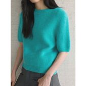 早春新款 上衣女 羊毛毛衣圆领短款 韩版 简约慵懒风莼色针织短袖