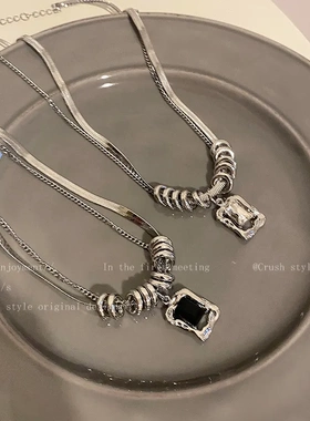 嘻哈风钛钢锆石双层卫衣项链女2023年新款小众设计感毛衣链锁骨链