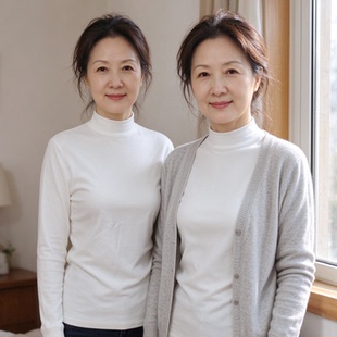 女士纯棉半高领薄款秋衣上衣中厚打底棉毛衫全棉单件内衣白色