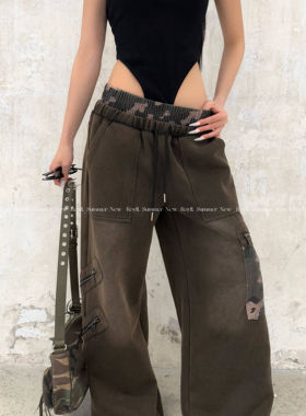 ROY11 随性出街 迷彩阔腿休闲裤女美式显瘦双腰头抽绳直筒拖地裤