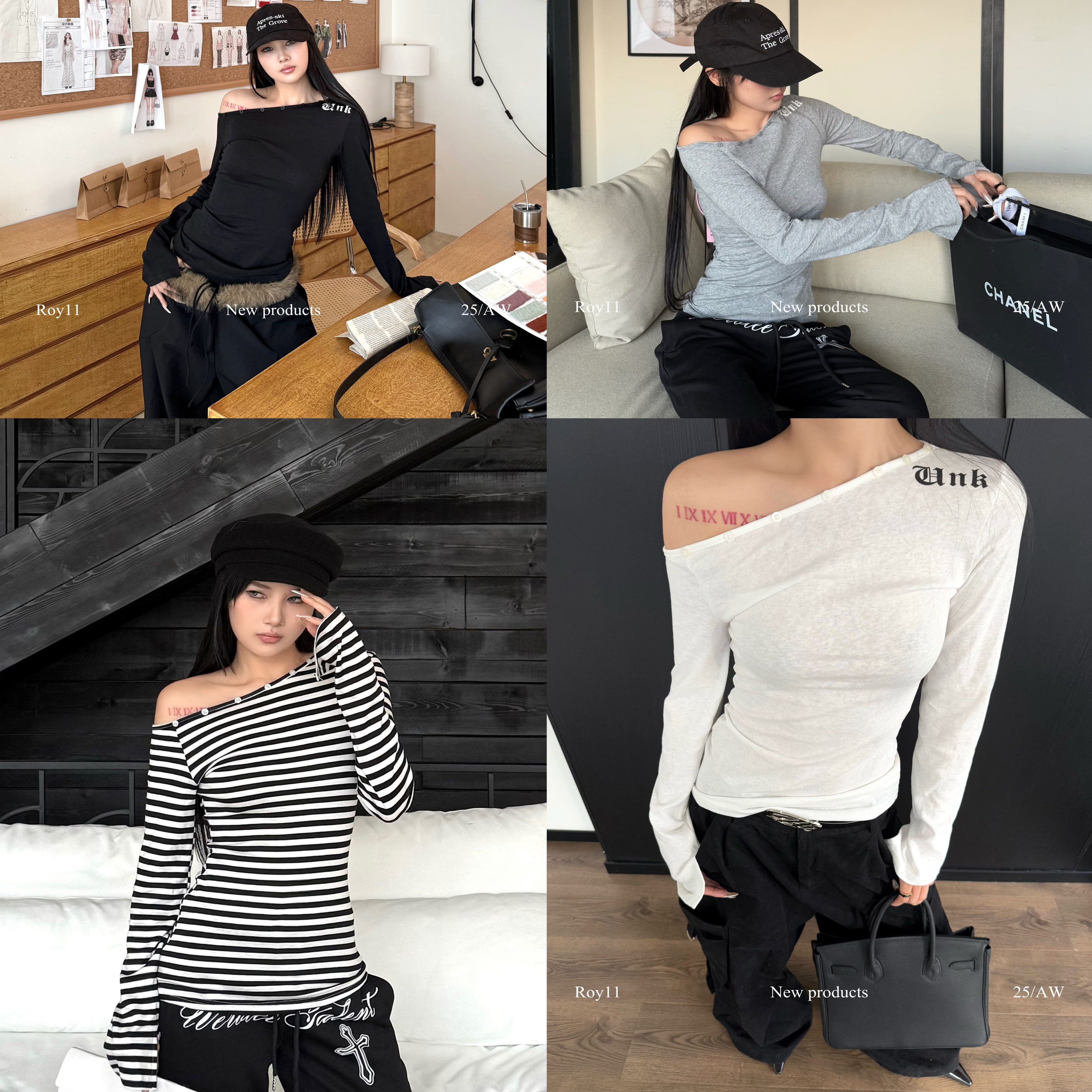 修身美式辣妹斜肩长袖T恤女秋