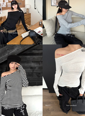 ROY11 内外搭好手 斜肩长袖T恤女秋修身美式辣妹显瘦百搭长款上衣