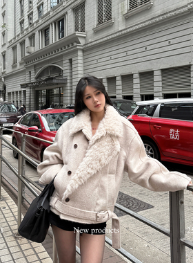 ROY11 复刻千金 杏色羊毛混纺短外套女冬气质感双排保暖毛呢上衣