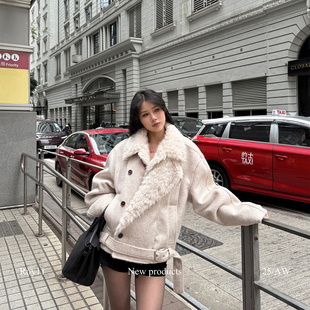 ROY11 杏色羊毛混纺短外套女冬气质感双排保暖毛呢上衣 复刻千金