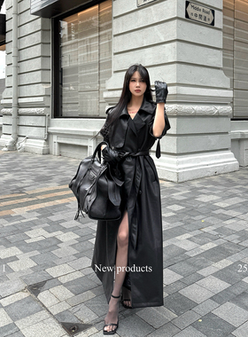ROY11 职场冷都女 黑色PU皮风衣女冬辣妹收腰高级感气质长款外套