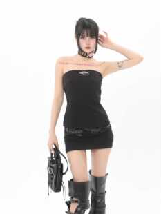 ROY11小众辣妹一字领束腰抹胸新款 显瘦上衣女 黑色高级感性感修身