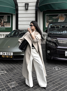 ROY11 塑造伴侣 杏色羊毛呢大衣女气质宽松立领长款通勤休闲外套