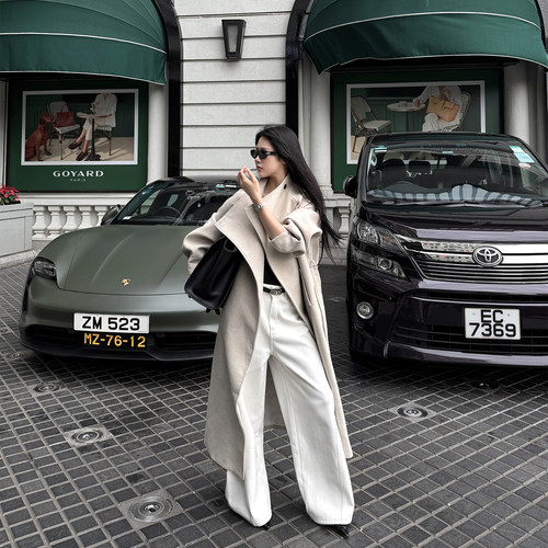 气质宽松立领杏色毛呢大衣女冬