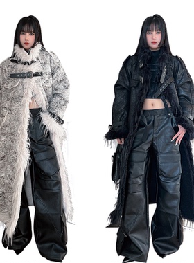 ROY11小众毛绒拼接皮草外套压皱高腰九分冬季加厚保暖长款大衣