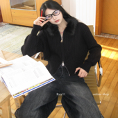 ROY11 外套 双拉头松紧毛领针织开衫 霓虹都会 黑色毛衣女辣妹修身