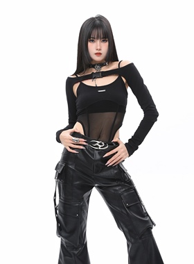 ROY11小众设计感镂空网纱拼接长袖假两件女辣妹修身显瘦打底衫