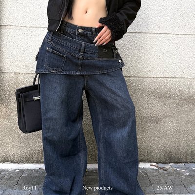 美式复古反转口袋低腰阔腿牛仔裤