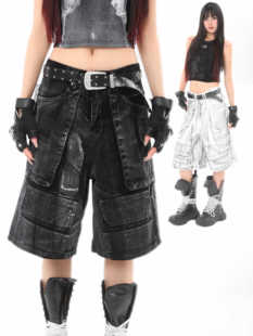 中性七分水洗做旧宽松裤 牛仔短裤 子 复古高街多口袋夏季 ROY11美式