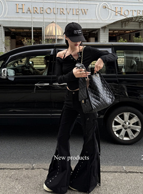 ROY11 妈生超模腿 黑色设计感微喇叭牛仔裤女秋修身显瘦低腰长裤