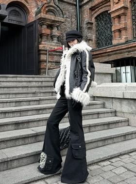 ROY11 长腿法则 黑色微喇叭牛仔裤入冬水洗低腰显瘦口袋工装长裤