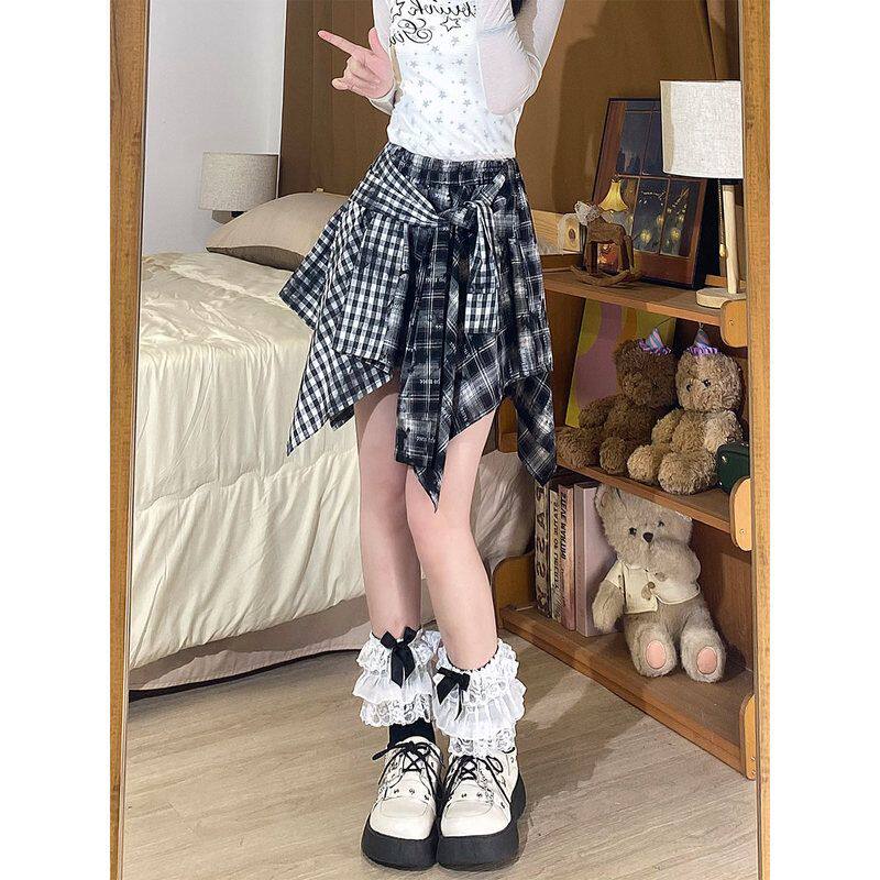 自然涩不规则格子半身裙女夏季