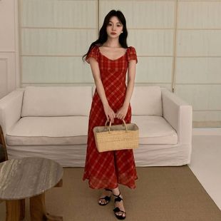 NEW 茶歇气质绝美红格方领收腰连衣裙女S5807 OPENING夏款 25夏法式