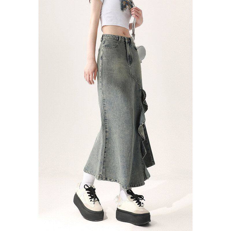 控价139.9不规则半身牛仔开叉长裙女春秋高腰a字包臀鱼尾显瘦夏季