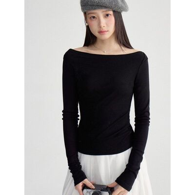 歌铭韩系一字肩收腰t恤女装春季