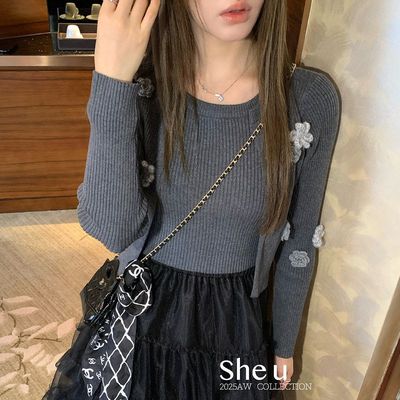 SHEU韩系甜美风立体花朵假两件