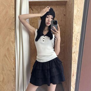 KAKAMEE十三行秋甜酷撞色polo领无袖 726 外穿上衣针织小衫 背心女