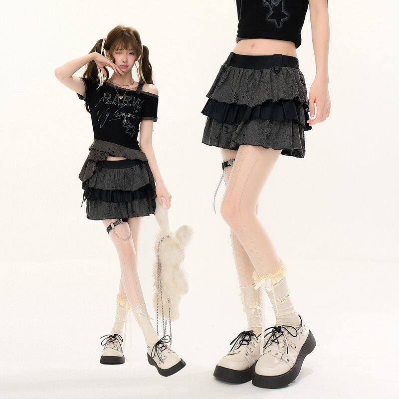 自然涩设计感拼接蛋糕裙女夏季新款防走光小个子百搭A字半身短裙