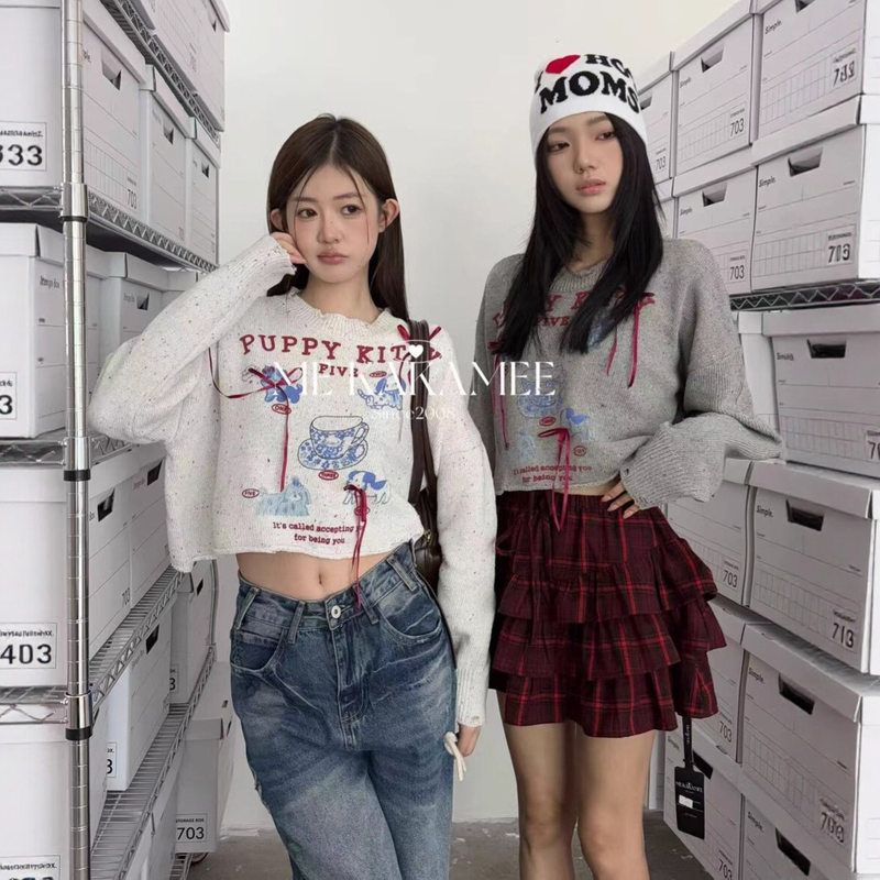 ME KAKAMEE十三行秋潮流混纱彩点卡通KT小狗短款保暖针织毛衣6009