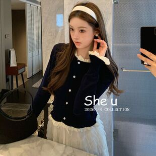 SHE U十三行韩系甜美花边拼接针织衫2026春新款显瘦百搭羊毛开衫