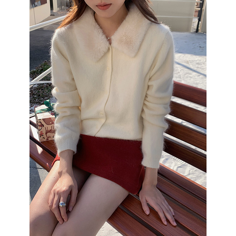 APXIVI复古可拆兔毛毛领毛衣开衫