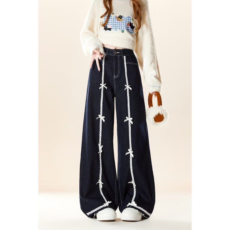 自然涩洋气白色蝴蝶结线条牛仔裤女2025秋冬新款甜酷风宽松阔腿裤