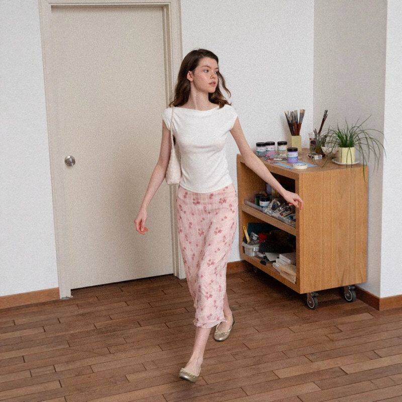 荷叶边层次感开衩印花半身裙女