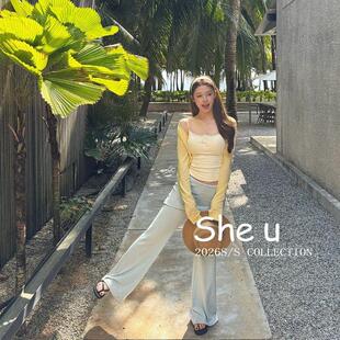 SHE U十三行纯欲甜辣风屁帘假两件微喇长裤2026春百搭显瘦休闲裤