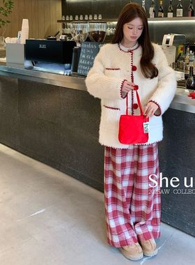SHE U十三行韩系复古风红白撞色格纹休闲裤2025秋冬百搭宽松长裤