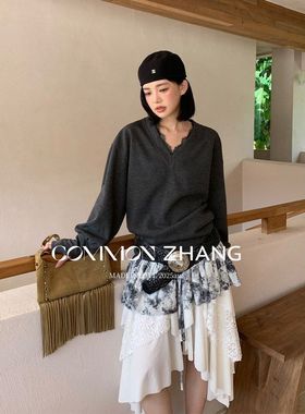 CZ ZHANG秋冬假两件裙摆蕾丝边V领针织卫衣女宽松休闲内搭B43116