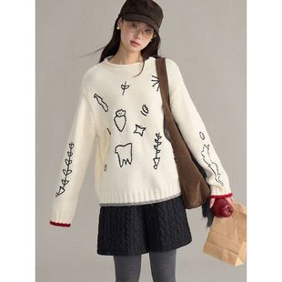 歌铭 撞色袖 法式 新款 口上衣N965C 复古卡通提花圆领毛衣女冬季