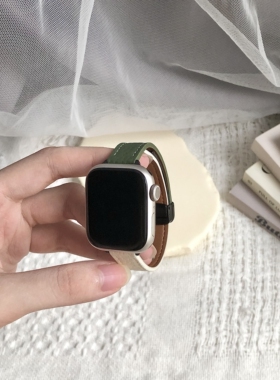 适用AppleWatch表带S9荔枝纹真皮S8iWatchS7苹果手表S6女款S5/SE