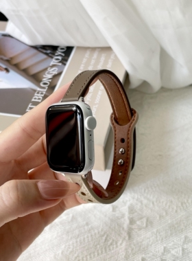 适用applewatch11/1098真皮双钉细表带iwatch8/7/6SE苹果表带腕带