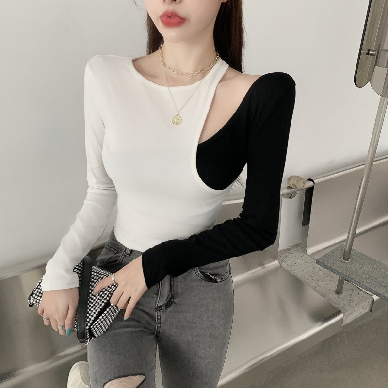 Real shot ~ personalized hollow out shoulder color matching irregular slim T-shirt bottom coat female